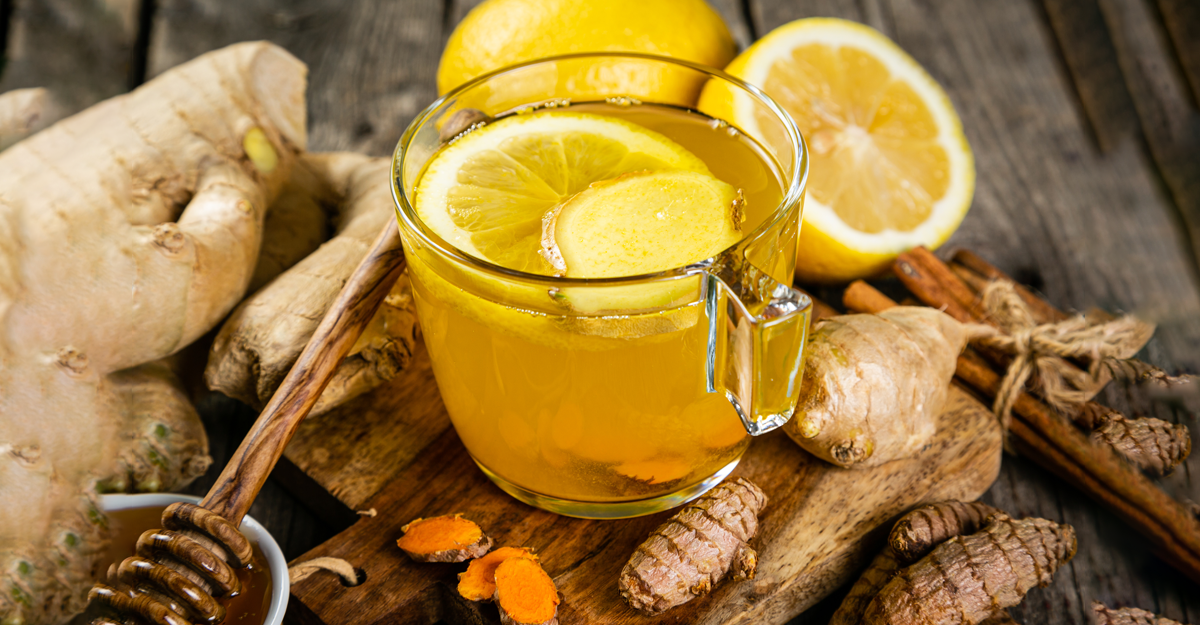Warm ginger tea with lemon and turmeric