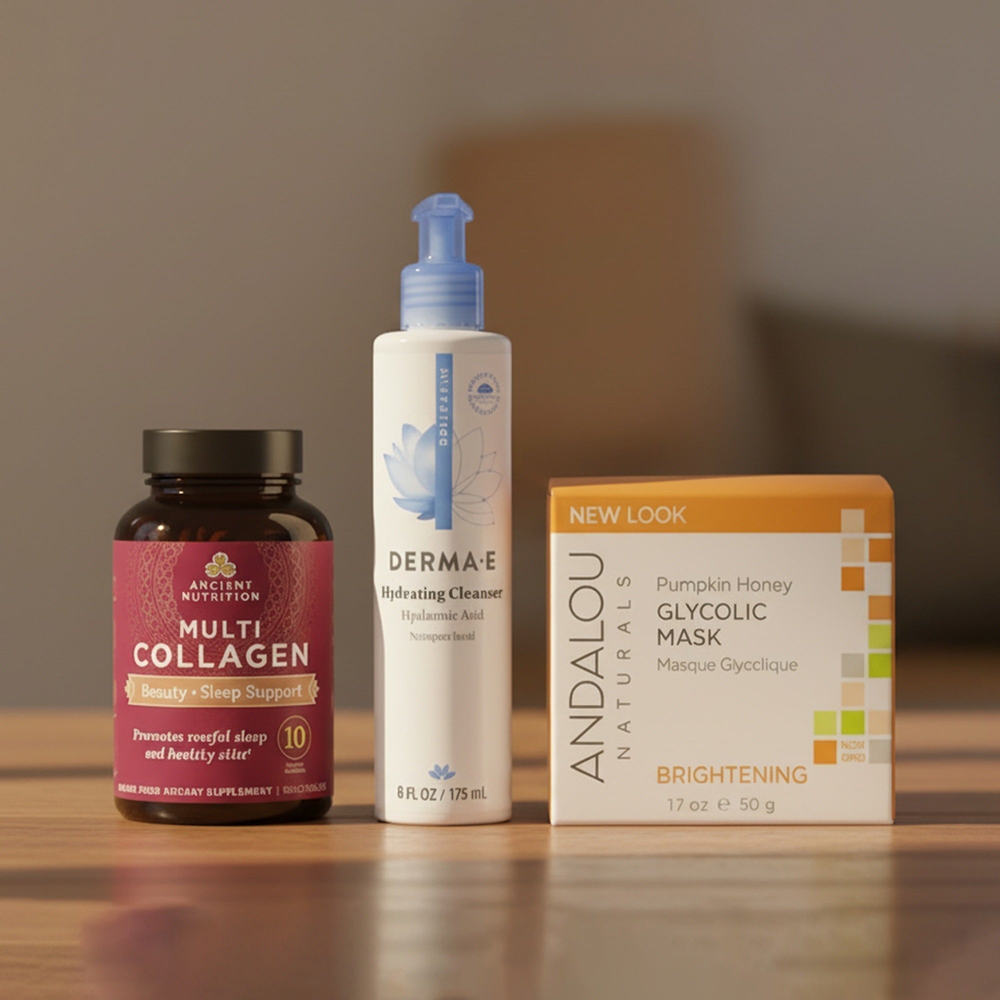 Skincare products on a wooden surface