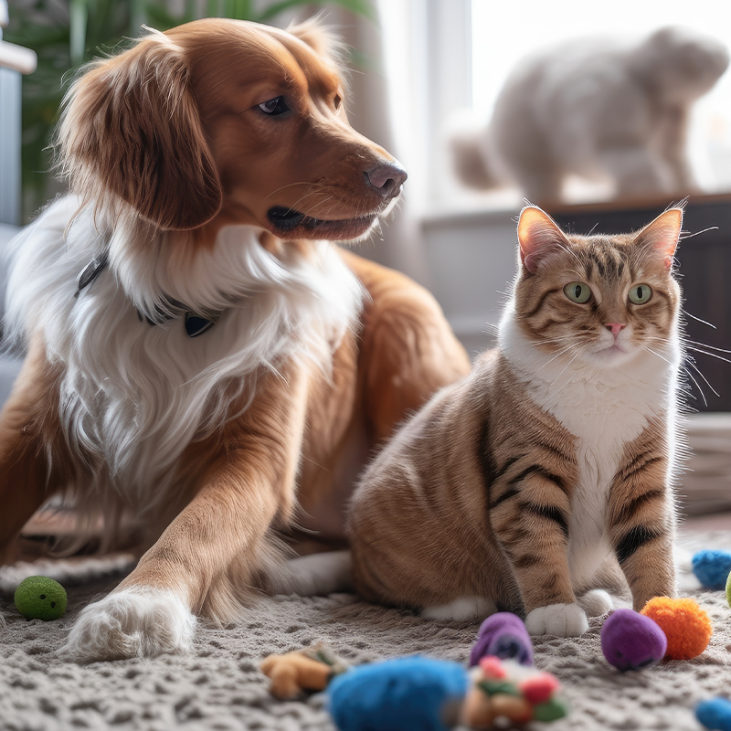 Cat and dog with pet toys