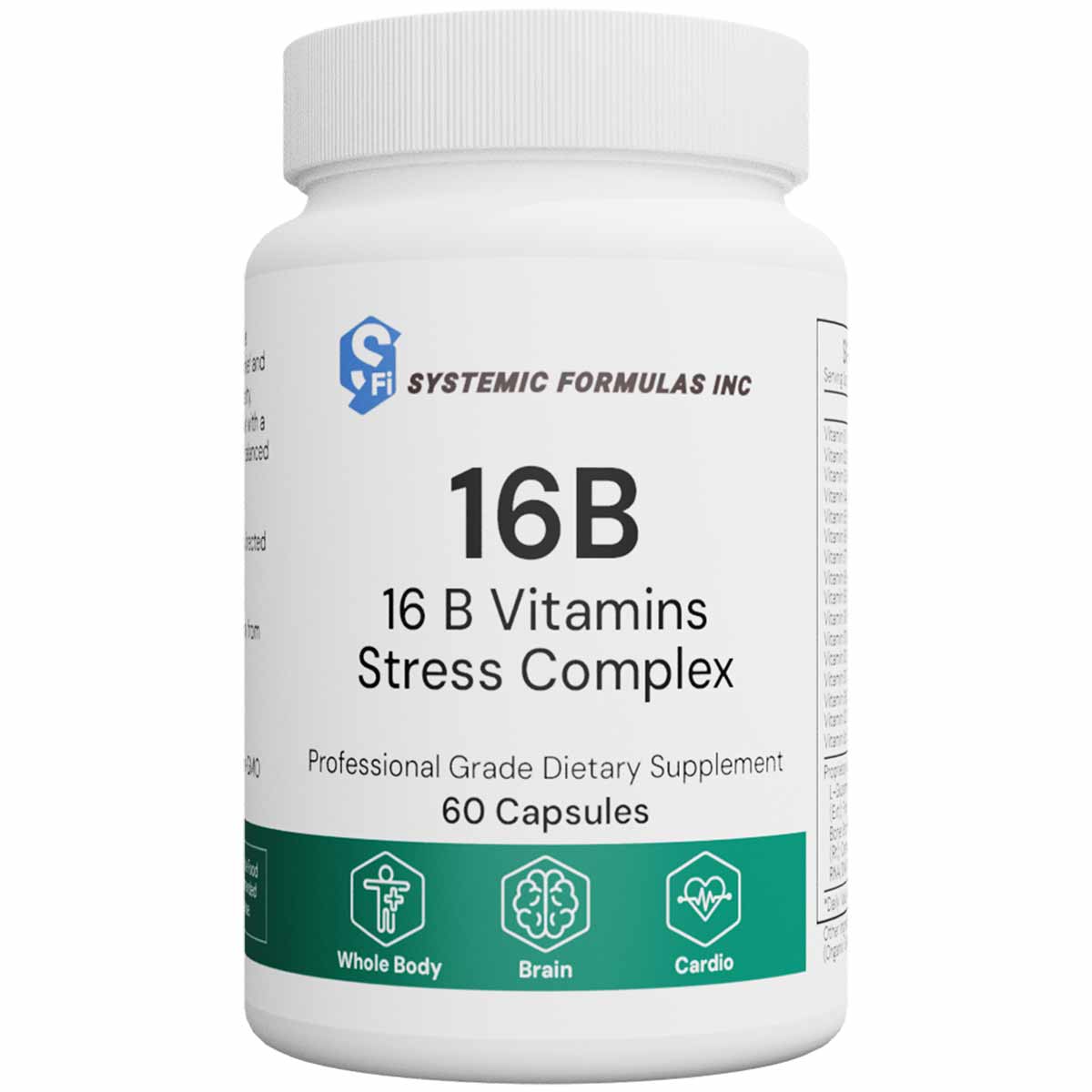 White bottle of Systemic Formulas 16B vitamin supplement containing 60 capsules with green label band.