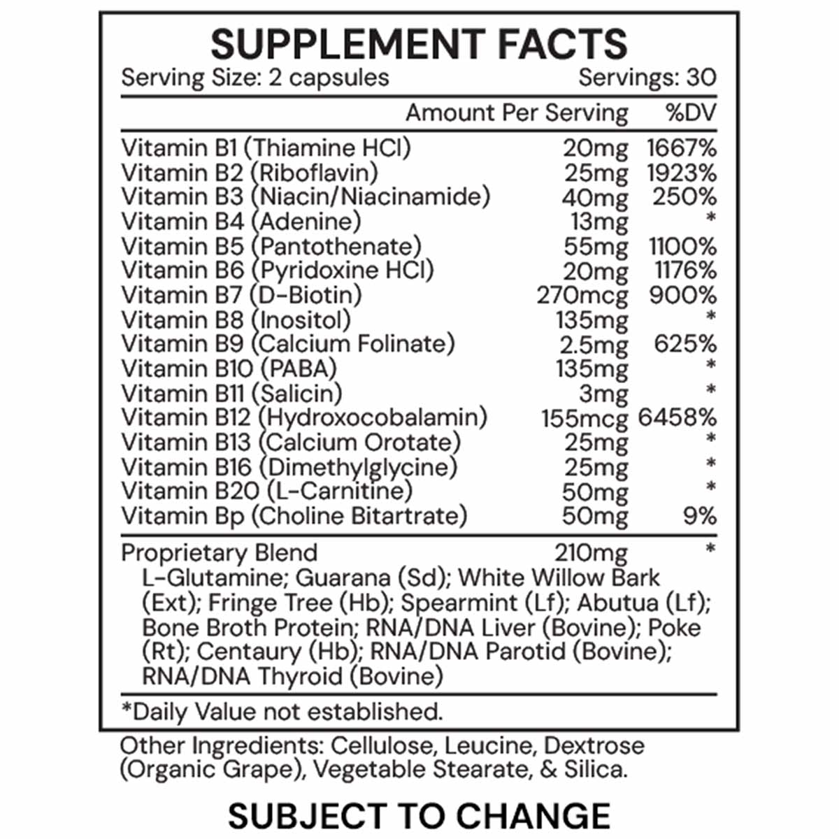 Supplement Facts label for 16 B Vitamins by Systemic Formulas showing serving size, nutrient amounts, and proprietary blend i