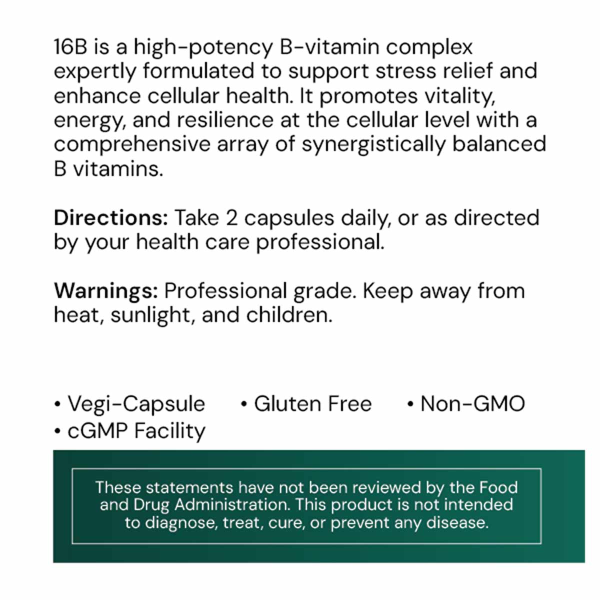 Bottle label for 16 B Vitamins by Systemic Formulas, displaying product information, directions, and certification details on