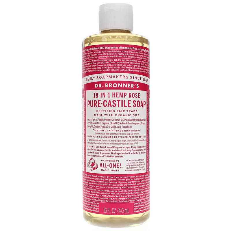 18-In-1 Hemp Pure Castile Soap, Rose, 16 Oz, by Dr. Bronner's Magic Soaps