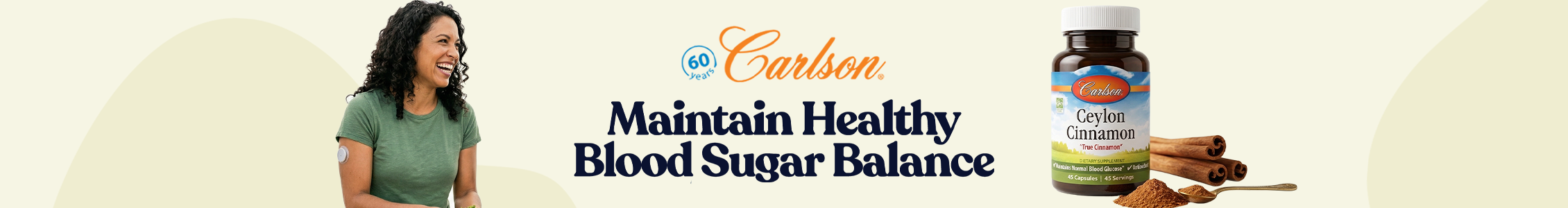 Carlson Labs Ceylon Cinnamon with headline "Maintain Healthy Blood Sugar Balance"