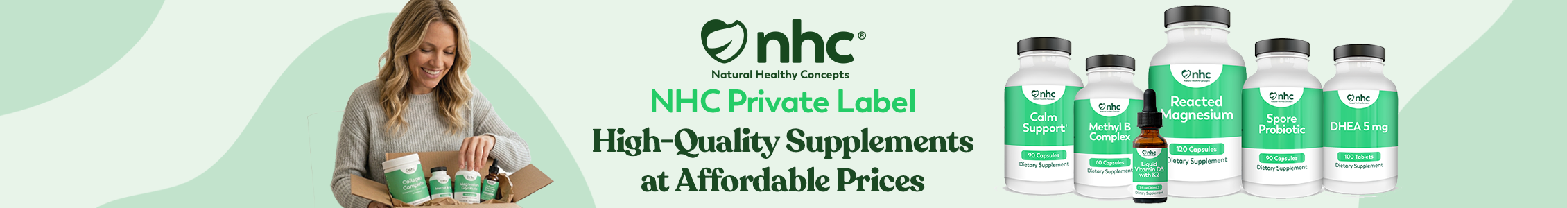 Natural Healthy Concepts brand supplements with headline "High-Quality Supplements at Affordable Prices"