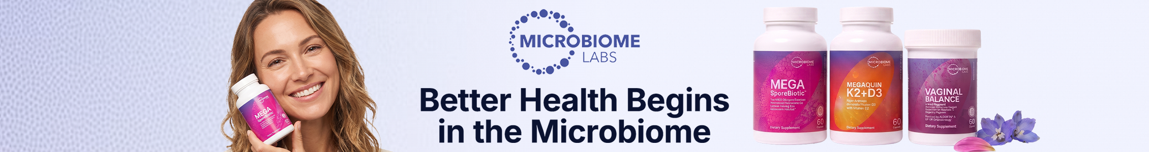 Microbiome Labs supplements with headline "Better Health Begins in the Microbiome"