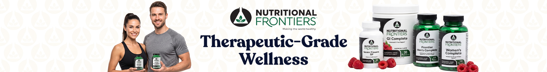 Nutritional Frontiers banner reading 'Therapeutic-Grade Wellness,' featuring a smiling man and woman holding supplement bottles, alongside product shots of Seven Flowers BP, GI Complete, Frontier Men's Complete, and Women's Complete, with raspberries in the foreground