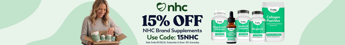 NHC promotional banner: a smiling woman with blonde wavy hair sits at a table unpacking a cardboard box of NHC-brand supplements. To the right, on a light green background, is the NHC logo above bold text reading '15% OFF NHC Brand Supplements, Use Code: 15NHC, Sale Ends 09/30/26. Subscribe & Save 10% Everyday.' Five NHC-branded product bottles are displayed on the right: Magnesium Glycinate capsules, Liquid Vitamin D3 with K2 drops, Methyl B Complex capsules, Bergamot capsules, and a large canister of Coll