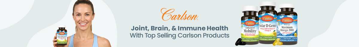 Carlson top sellers for joint, brain, and immune health. Smiling woman holding Carlson Solar D Gems next to bottles of Carlson Enhanced Mobility, Solar D Gems, and Maximum Omega 2000 softgels.
