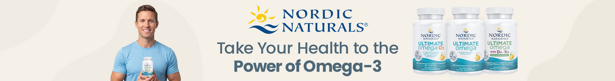 Nordic Naturals: Take your health to the power of omega-3. Smiling man in a blue t-shirt holding a Nordic Naturals bottle next to bottles of Ultimate Omega-D3, Ultimate Omega, and Ultimate Omega with D3 + K2