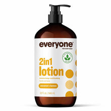 Everyone 2in1 lotion bottle with black pump dispenser, coconut and lemon scent, 32 fl oz.