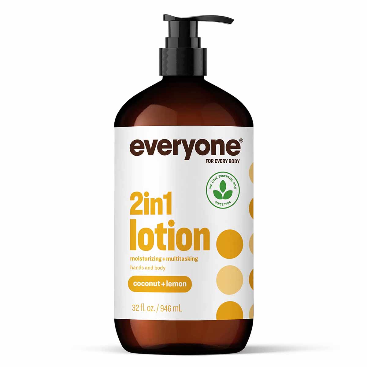 Everyone 2in1 lotion bottle with black pump dispenser, coconut and lemon scent, 32 fl oz.