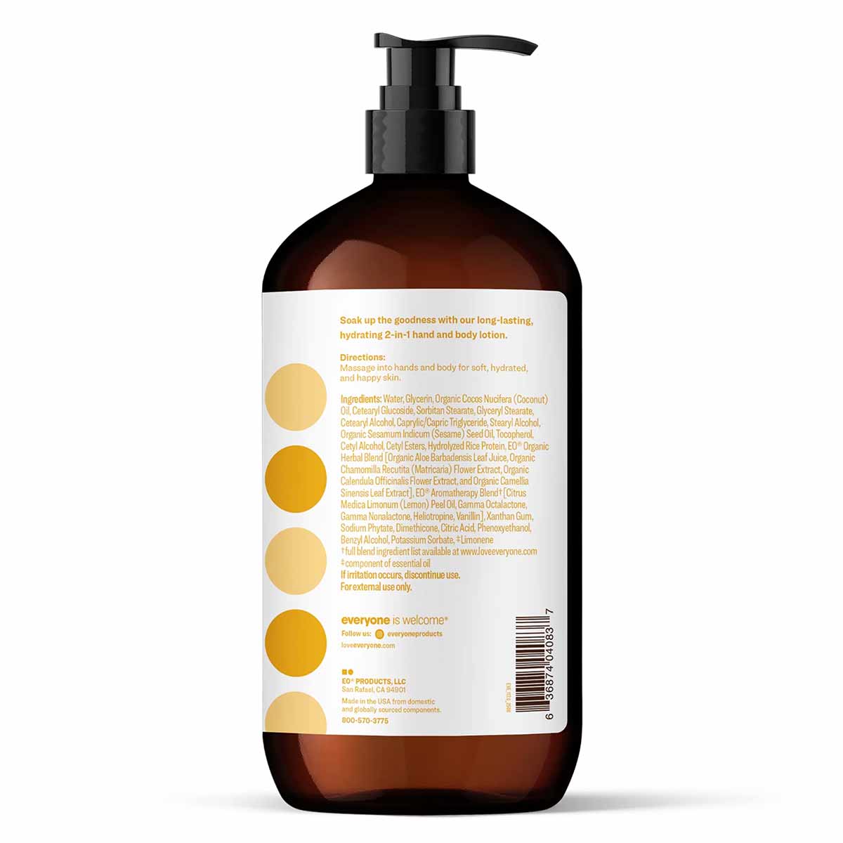 Brown glass pump bottle of Everyone 2in1 lotion with white label and yellow circular ingredient swatches.