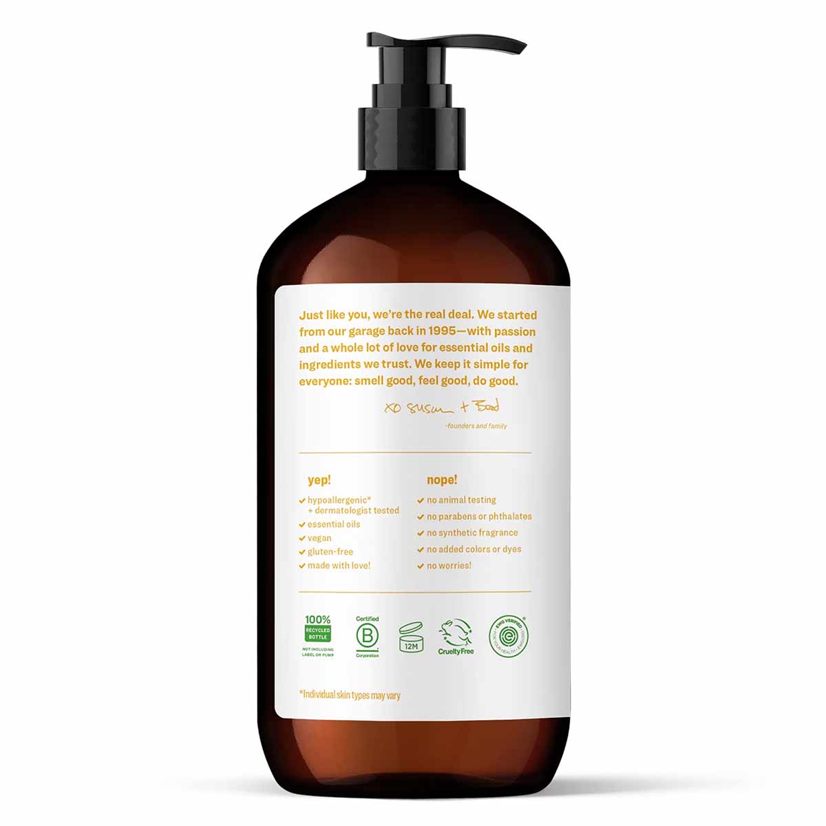 Dark amber bottle with black pump dispenser containing Everyone 2in1 Lotion, white label with product information and certifi