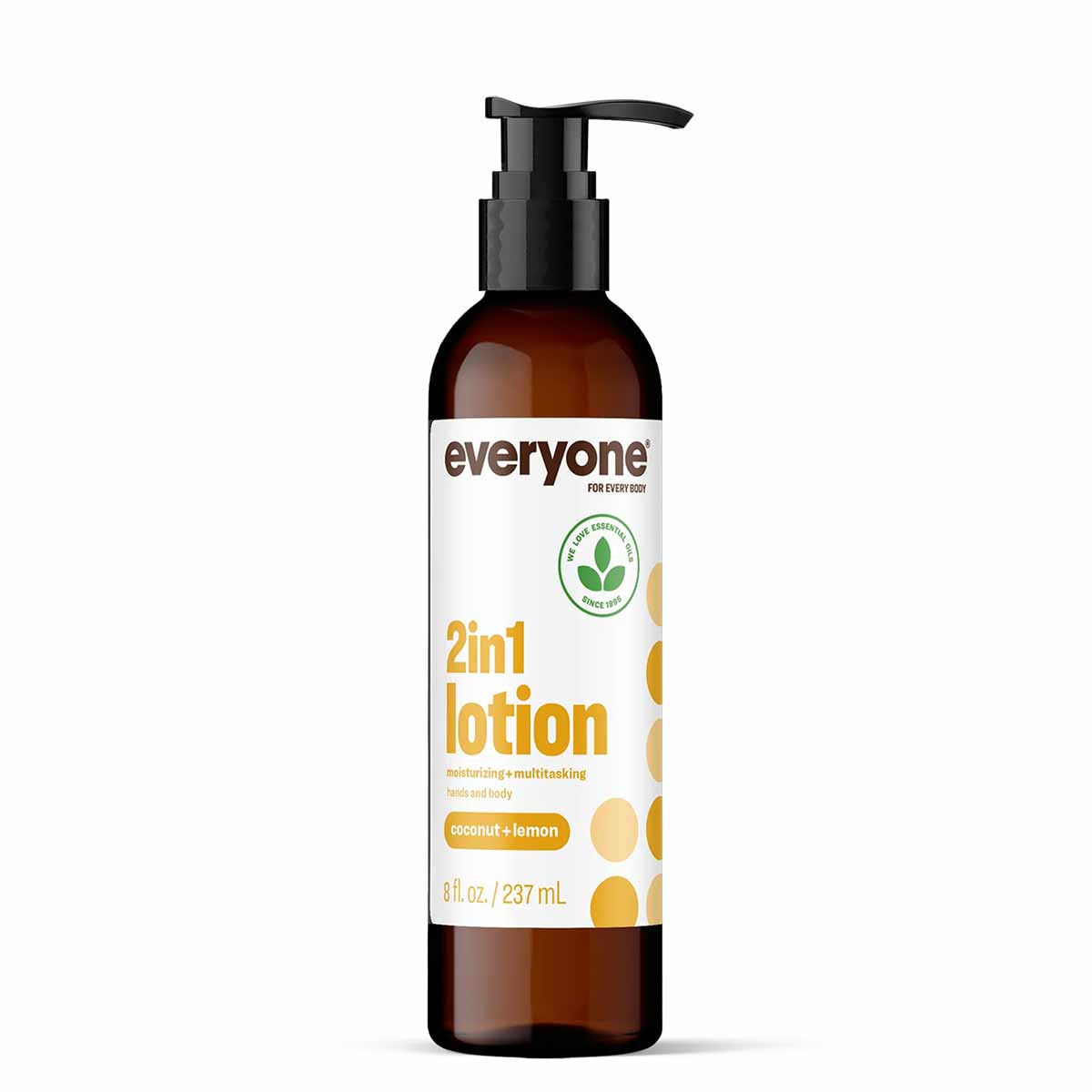 Amber glass pump bottle of Everyone 2in1 lotion in coconut and lemon scent, 8 fl oz size with white label and black pump disp