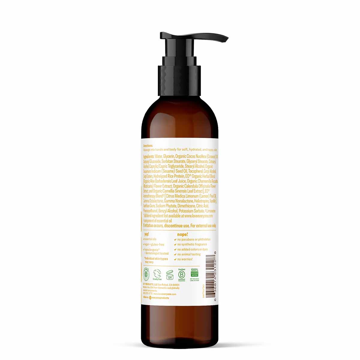 Dark amber glass pump bottle with white label containing lotion product information and ingredient list.