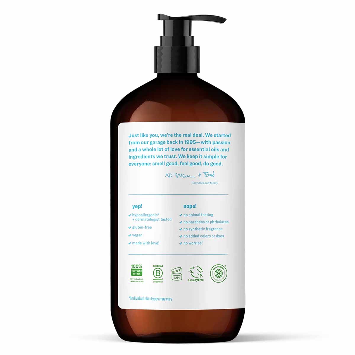 Dark amber glass bottle with black pump dispenser and white label featuring product information and brand messaging.