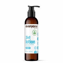Brown glass bottle with black pump dispenser containing Everyone 2in1 lotion, 8 fl oz, unscented formula.