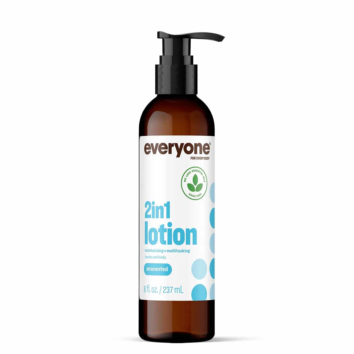 Brown glass bottle with black pump dispenser containing Everyone 2in1 lotion, 8 fl oz, unscented formula.