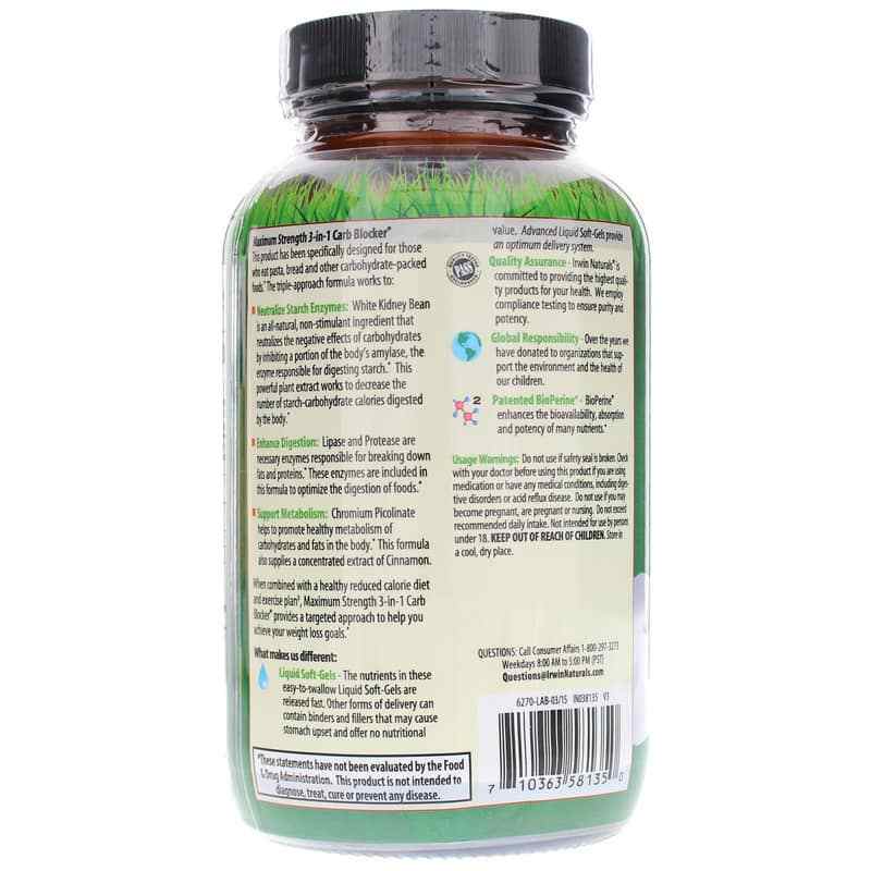 3-in-1 Carb Blocker, 150 Liquid Softgels, by Irwin Naturals, image #3