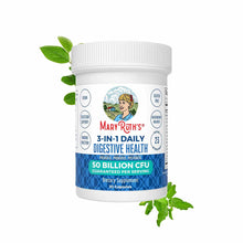 White bottle of MaryRuth's 3-in-1 Daily Digestive Health dietary supplement with blue label, 50 billion CFU, 30 capsules, sur