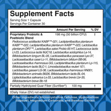 Supplement Facts label for MaryRuth's Organics 3-in-1 Daily Digestive Health showing probiotic and fiber ingredients on blue 