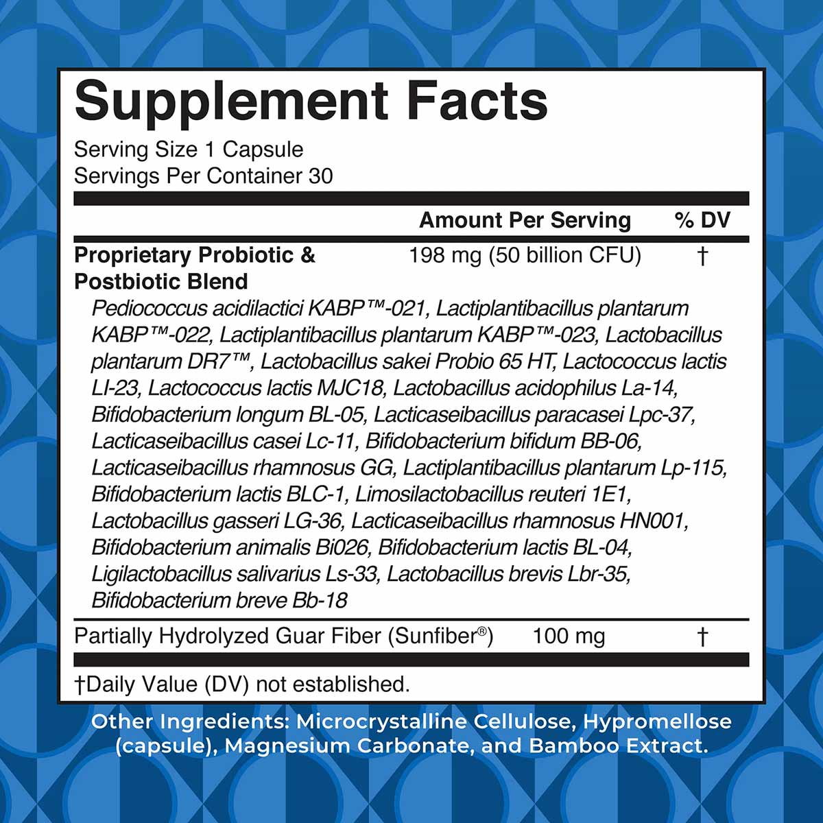 Supplement Facts label for MaryRuth's Organics 3-in-1 Daily Digestive Health showing probiotic and fiber ingredients on blue 