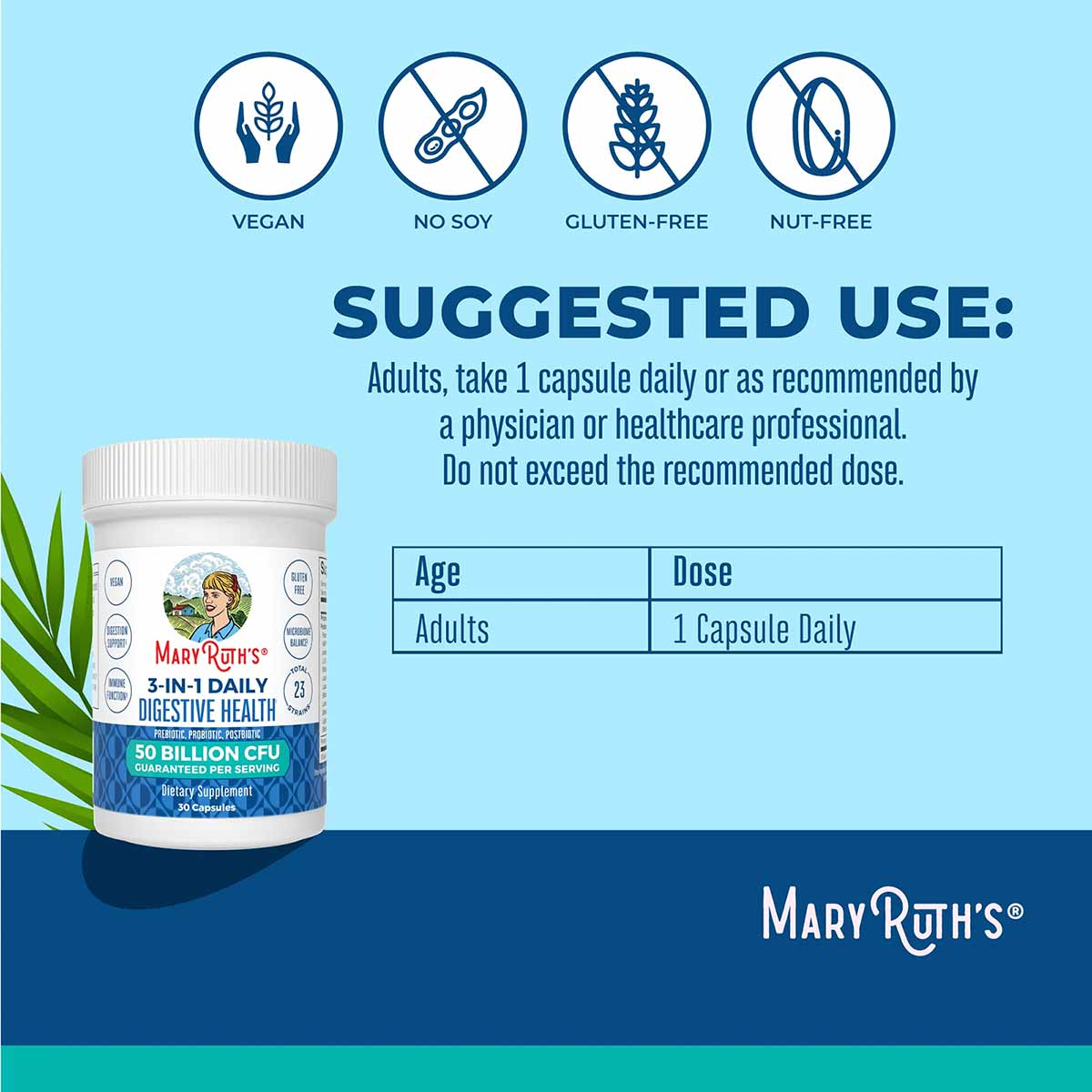 White supplement bottle labeled "MaryRuth's 3-in-1 Daily Digestive Health" with vegan, no soy, gluten-free, and nut-free icon