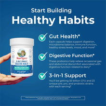 White bottle with white cap labeled "MaryRuth's 3-in-1 Daily Digestive Health" containing 50 billion CFU, held in hands again
