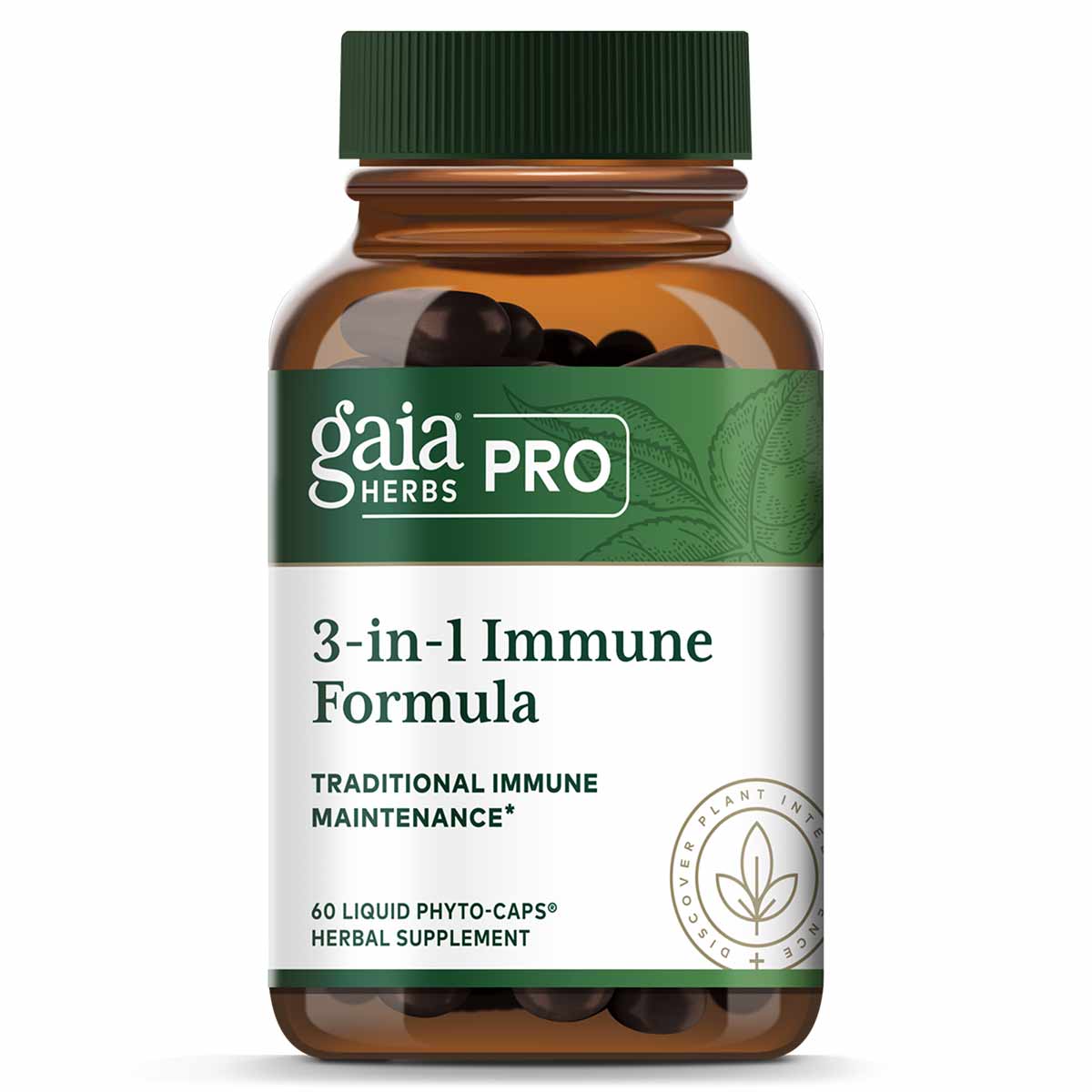 Gaia Herbs Pro 3-in-1 Immune Formula bottle with green cap containing 60 dark liquid phyto-caps.