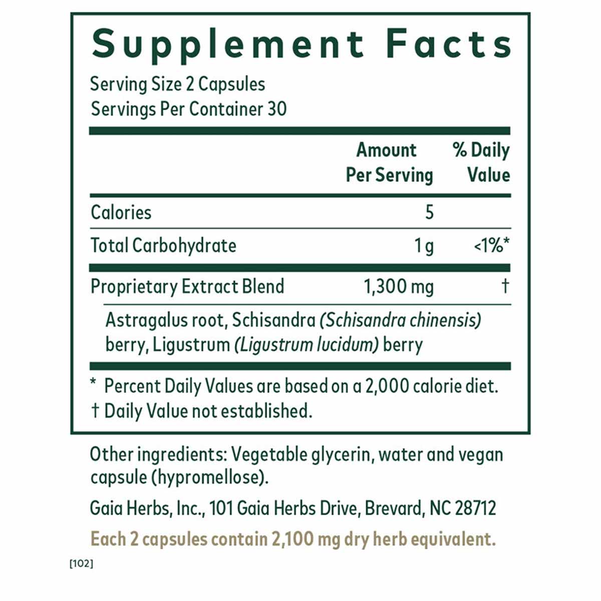 Supplement Facts label for Gaia Herbs 3-in-1 Immune Formula showing serving size, nutritional information, and ingredient lis