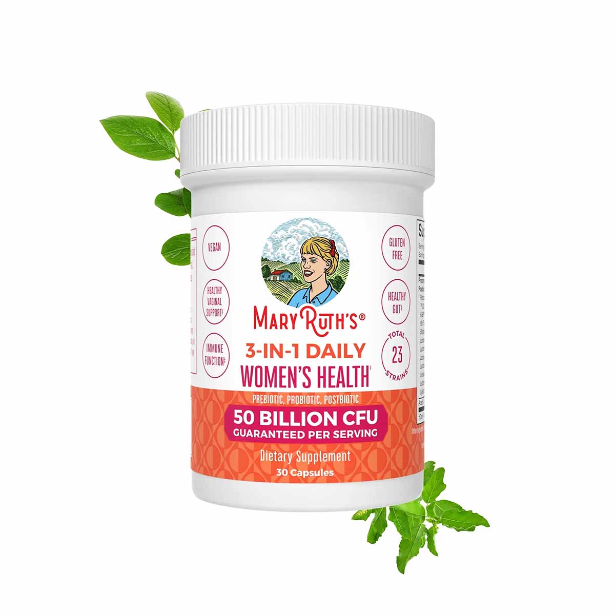 MaryRuth's 3-in-1 Daily Women's Health dietary supplement bottle with white cap, orange label, and green leaves around it.