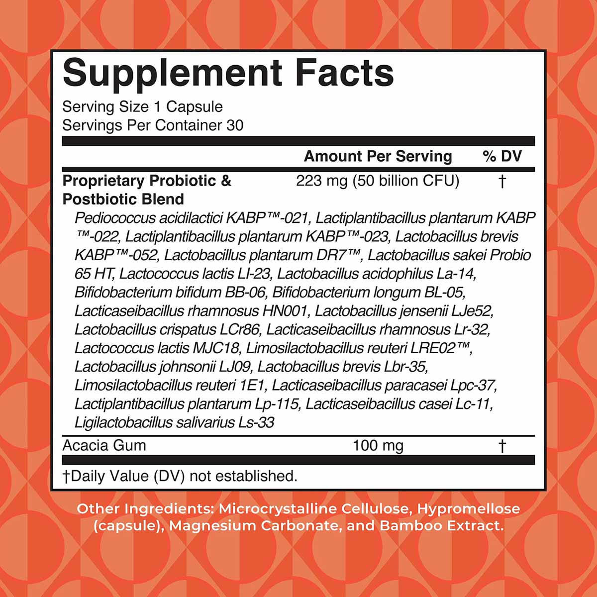 Supplement Facts label showing probiotic and postbiotic blend with 50 billion CFU per capsule on orange patterned background.