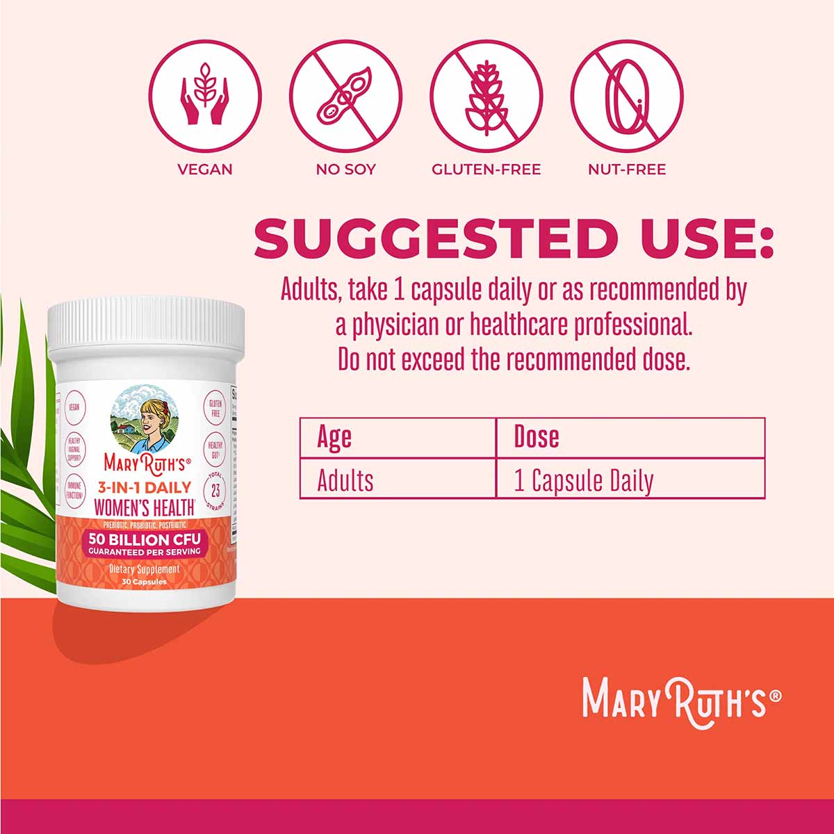 MaryRuth's 3-in-1 Daily Women's Health supplement bottle with vegan, no soy, gluten-free, and nut-free certification icons.