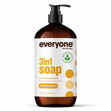 Brown glass bottle with black pump dispenser containing Everyone brand 3in1 Soap in coconut lemon scent, 32 fl. oz.