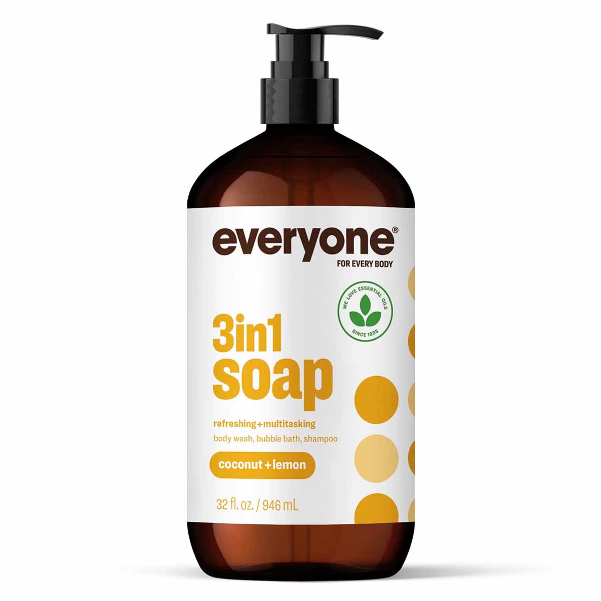Brown glass bottle with black pump dispenser containing Everyone brand 3in1 Soap in coconut lemon scent, 32 fl. oz.
