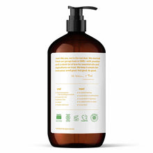 Dark brown pump bottle with white label containing product information, ingredients list, and certification logos.