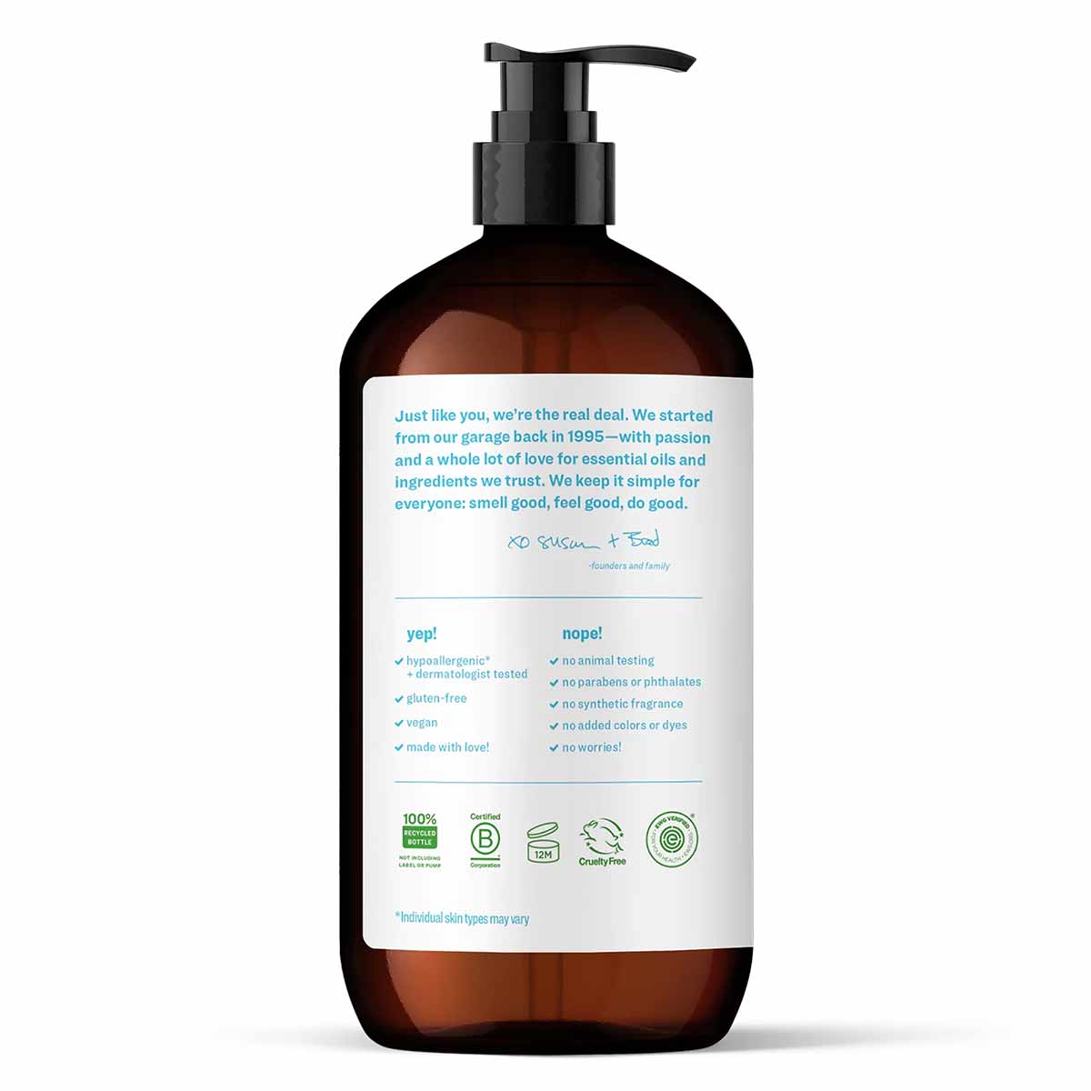 Dark amber pump bottle with white label containing product information and certification badges.