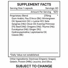 Supplement facts label for 4 FungDX showing serving size of 1 capsule, 60 servings, with proprietary blend ingredients and ot