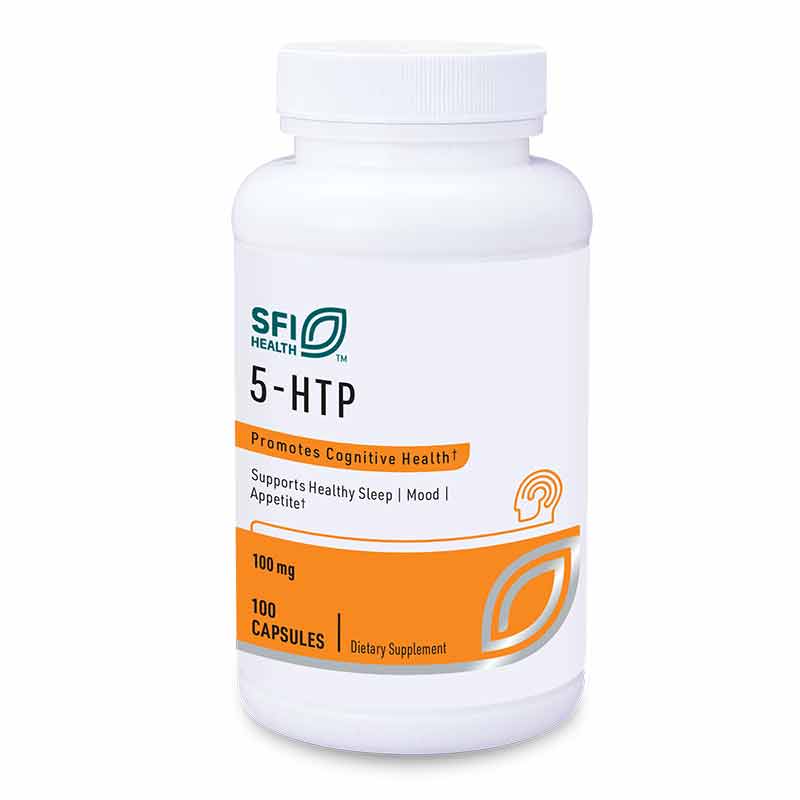 White bottle of SFI Health 5-HTP 100 mg dietary supplement with orange and gray label containing 100 capsules.