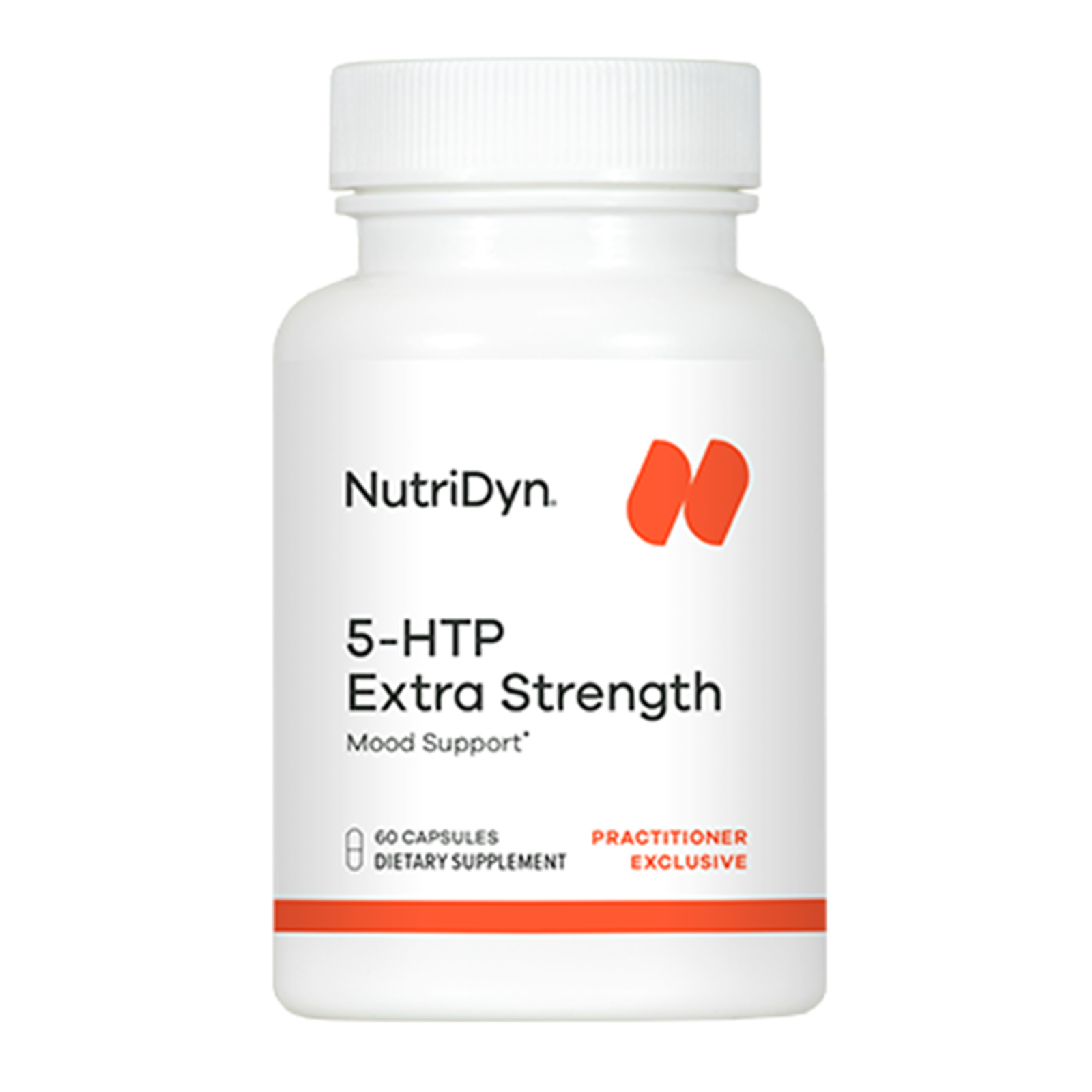 White bottle of NutriDyn 5-HTP Extra Strength dietary supplement with white cap and red accent band, containing 60 capsules.