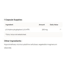 Nutrition facts label showing 5-HTP supplement ingredients and dosage information per capsule.