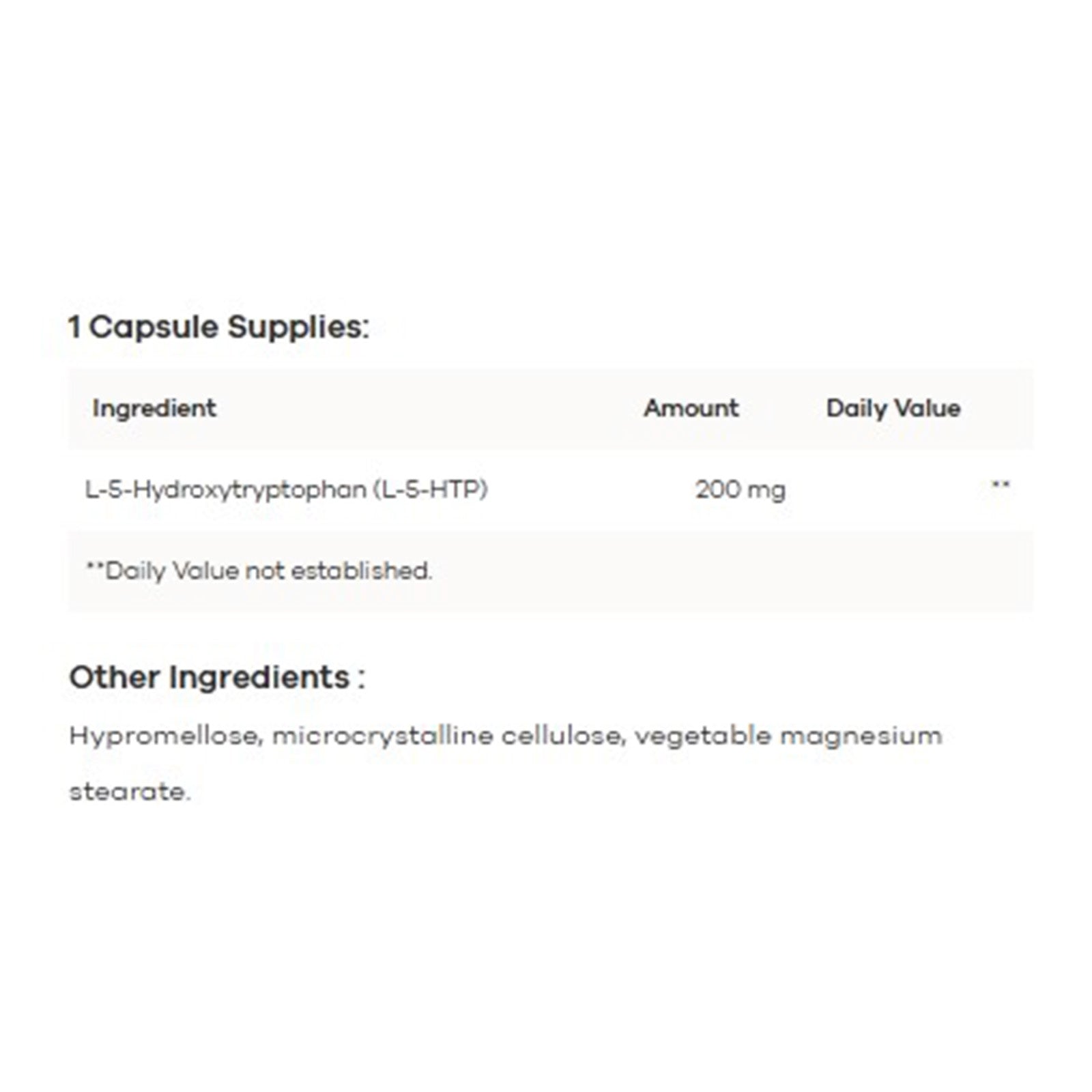 Nutrition facts label showing 5-HTP supplement ingredients and dosage information per capsule.