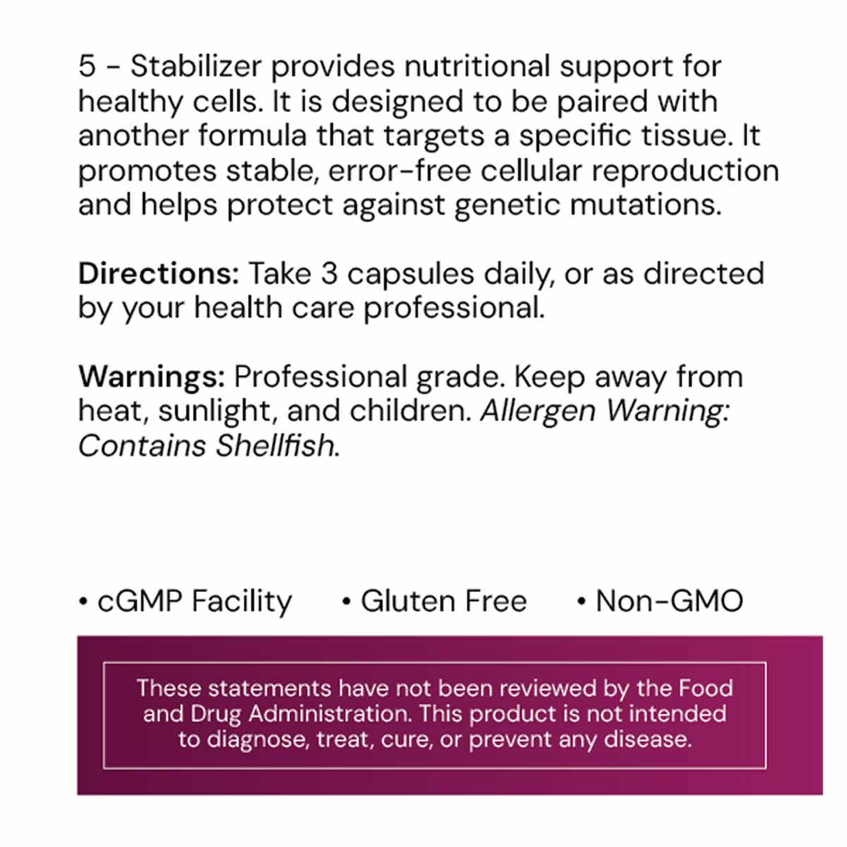 Bottle of Systemic Formulas 5-Stabilizer capsules with product information and warnings displayed on label.