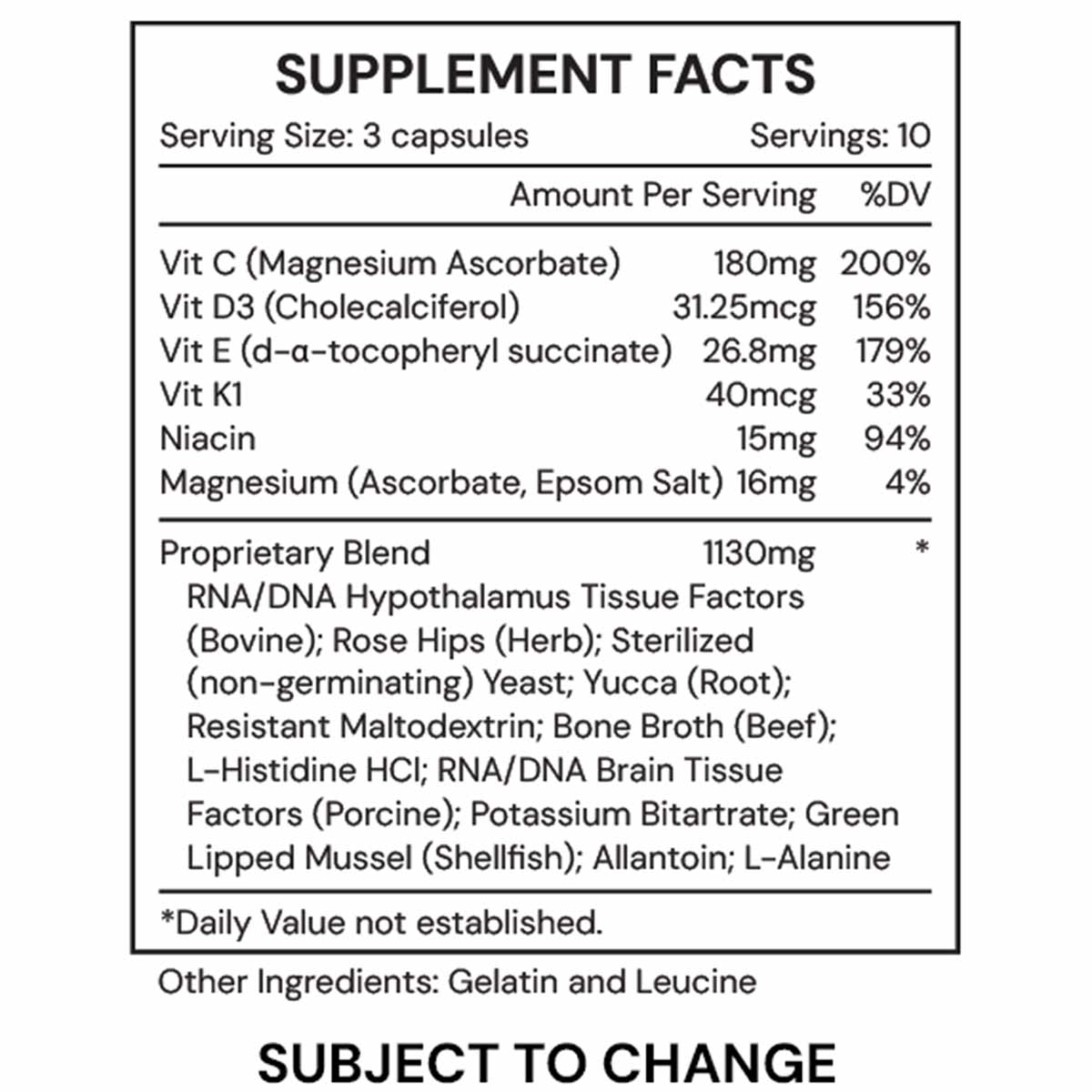 Supplement Facts label for 5 Stabilizer capsules showing serving size, vitamins, minerals, and proprietary blend ingredients.