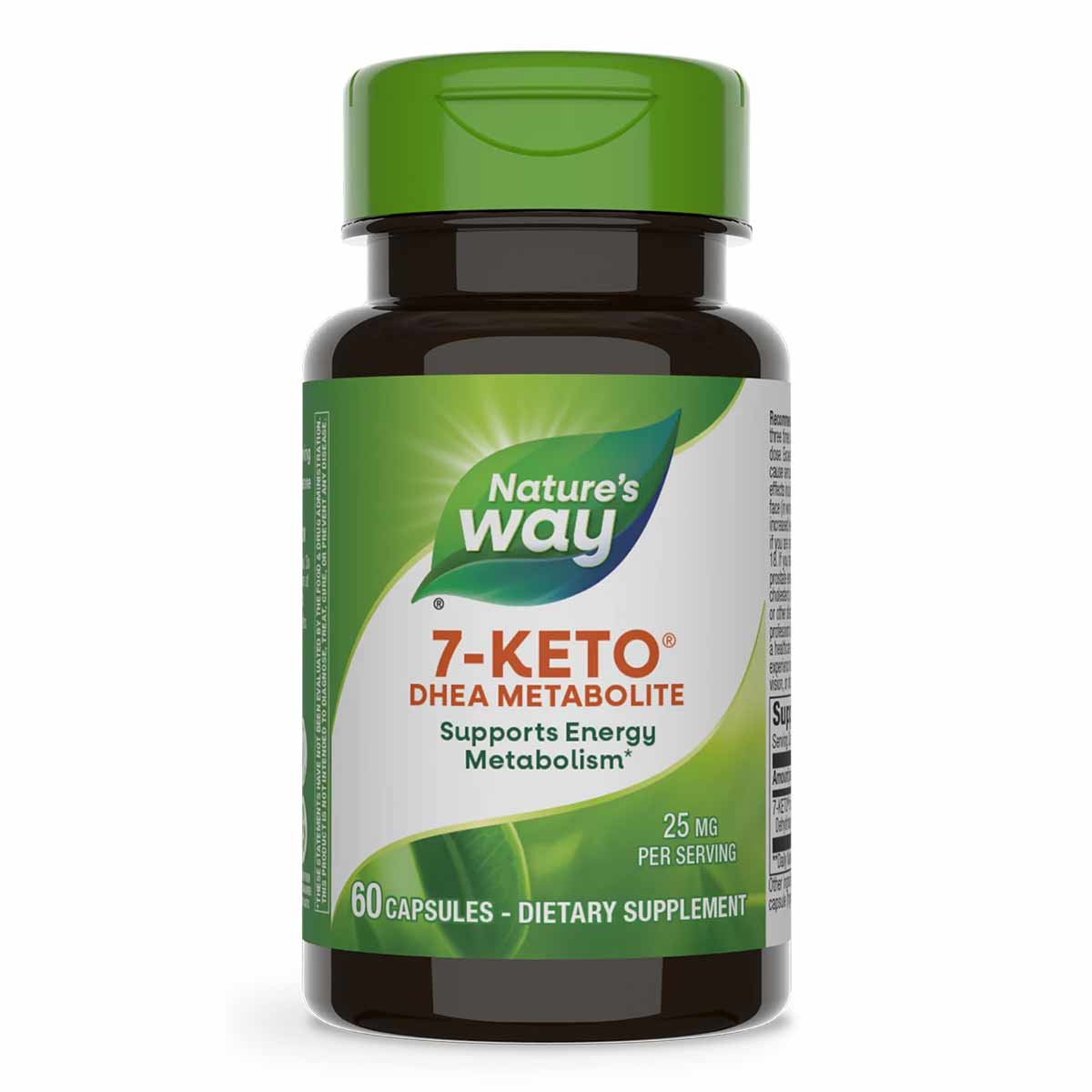 Nature's Way 7-Keto DHEA Metabolite supplement bottle with green cap containing 60 capsules at 25 mg per serving.