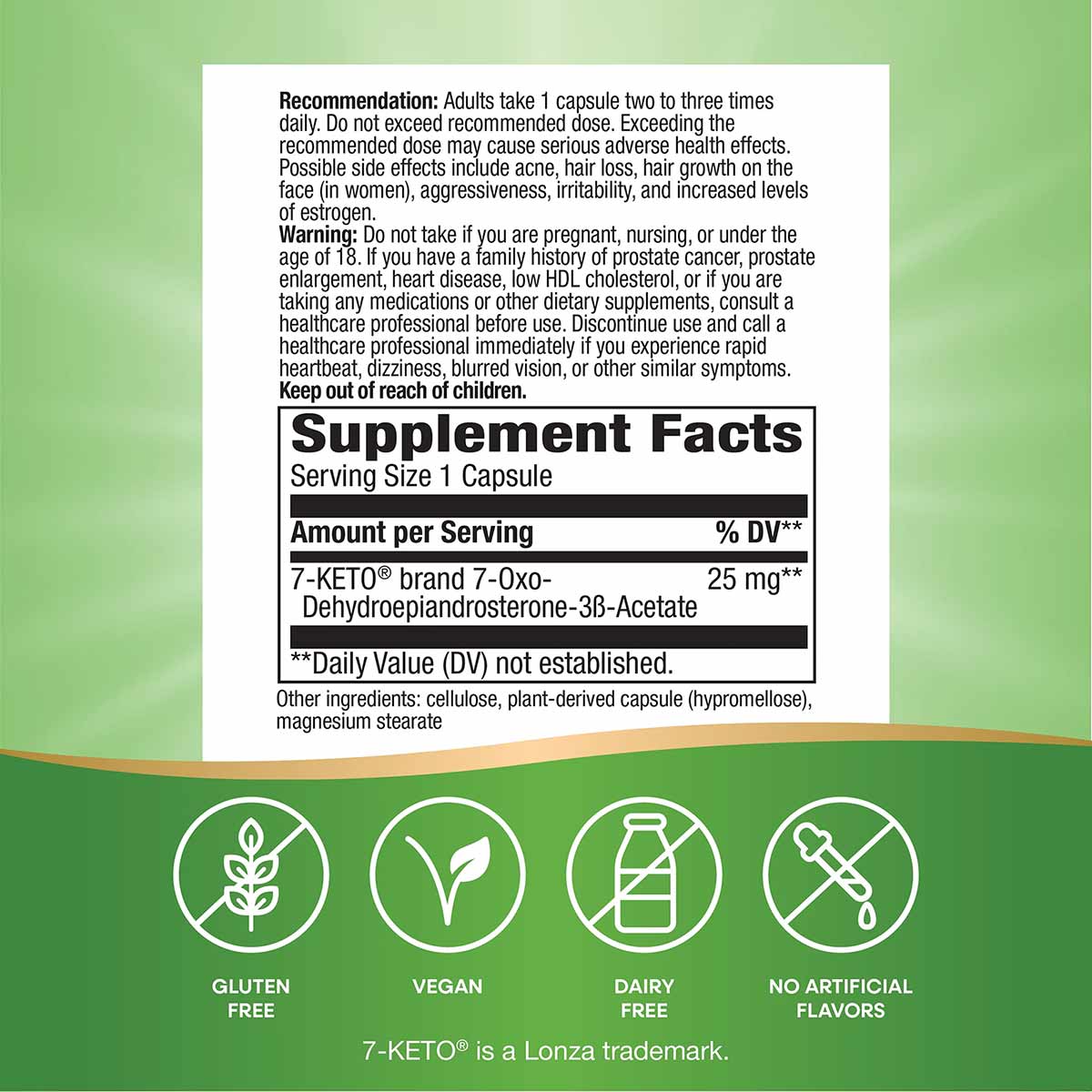 White supplement label on green background displaying dosage recommendations, supplement facts showing 25mg 7-DHEA per capsul