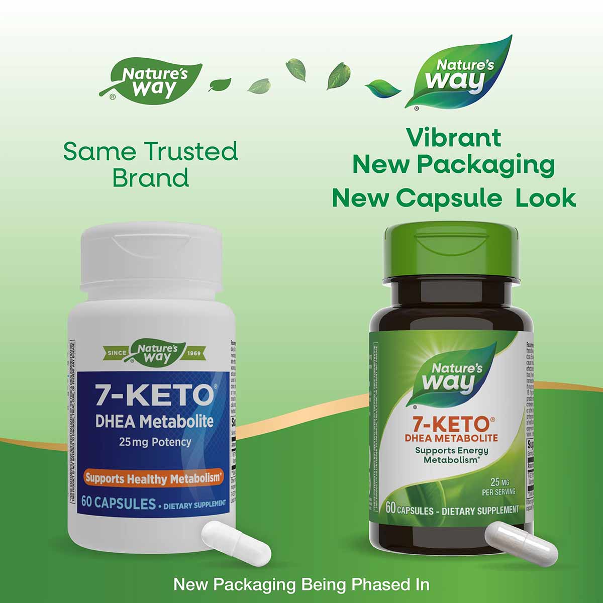 Two Nature's Way 7-Keto DHEA Metabolite supplement bottles showing old white packaging and new green packaging with 60 capsul