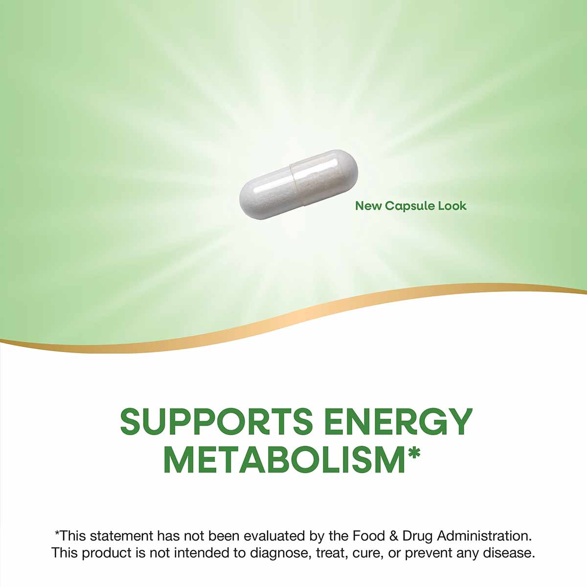 White capsule supplement pill on green gradient background with "New Capsule Look" text.