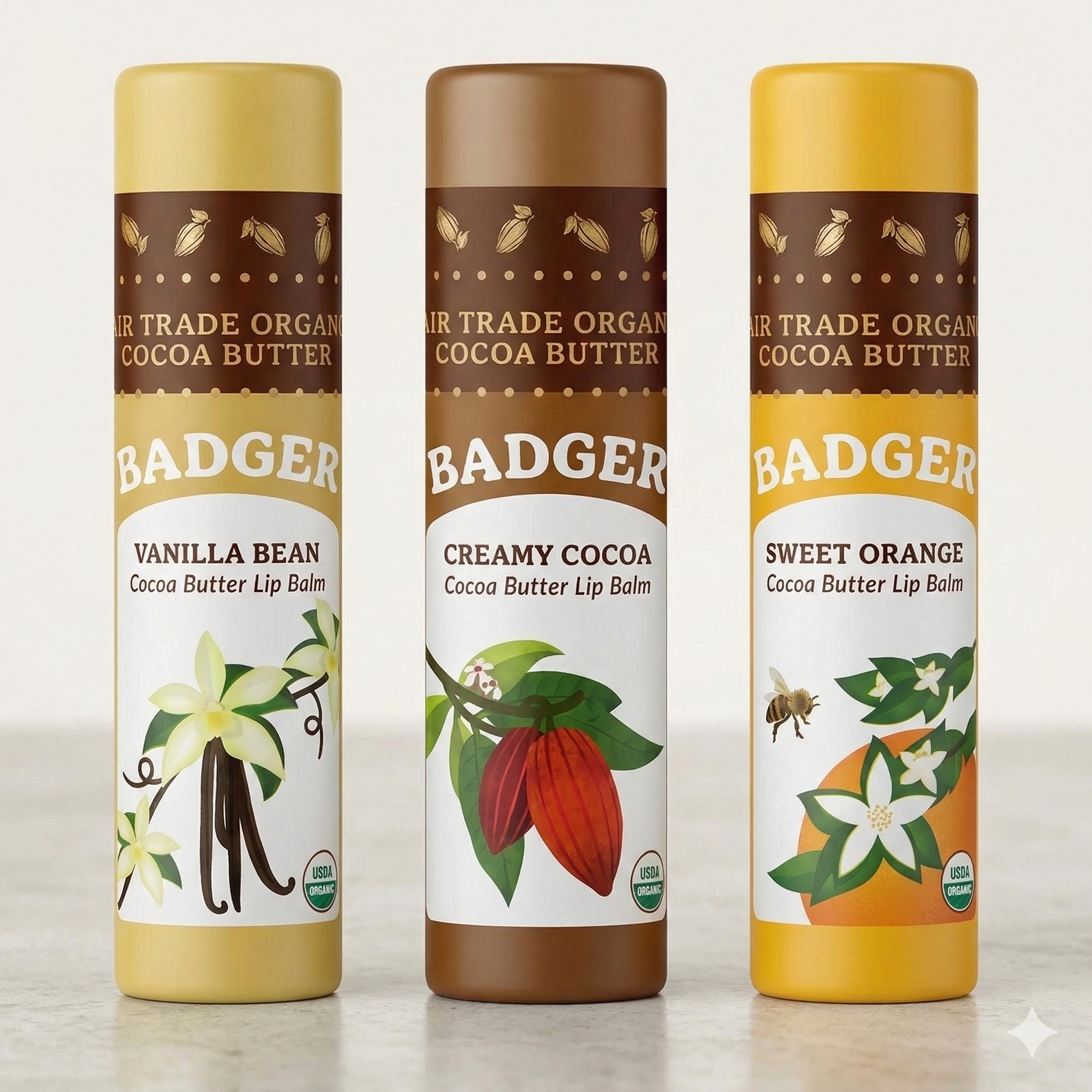Three Badger cocoa butter lip balm tubes in vanilla bean, creamy cocoa, and sweet orange flavors with illustrated botanical l